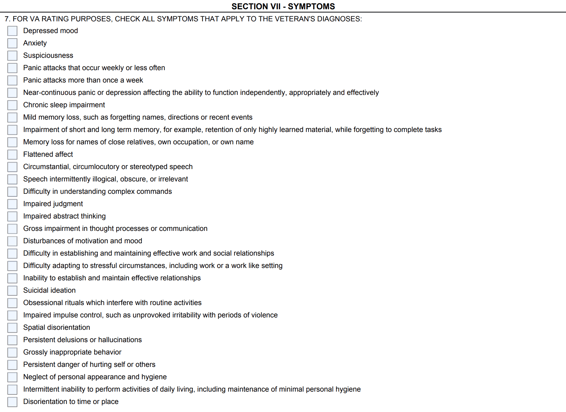 VA Disability Rating for PTSD 31 Symptoms List 