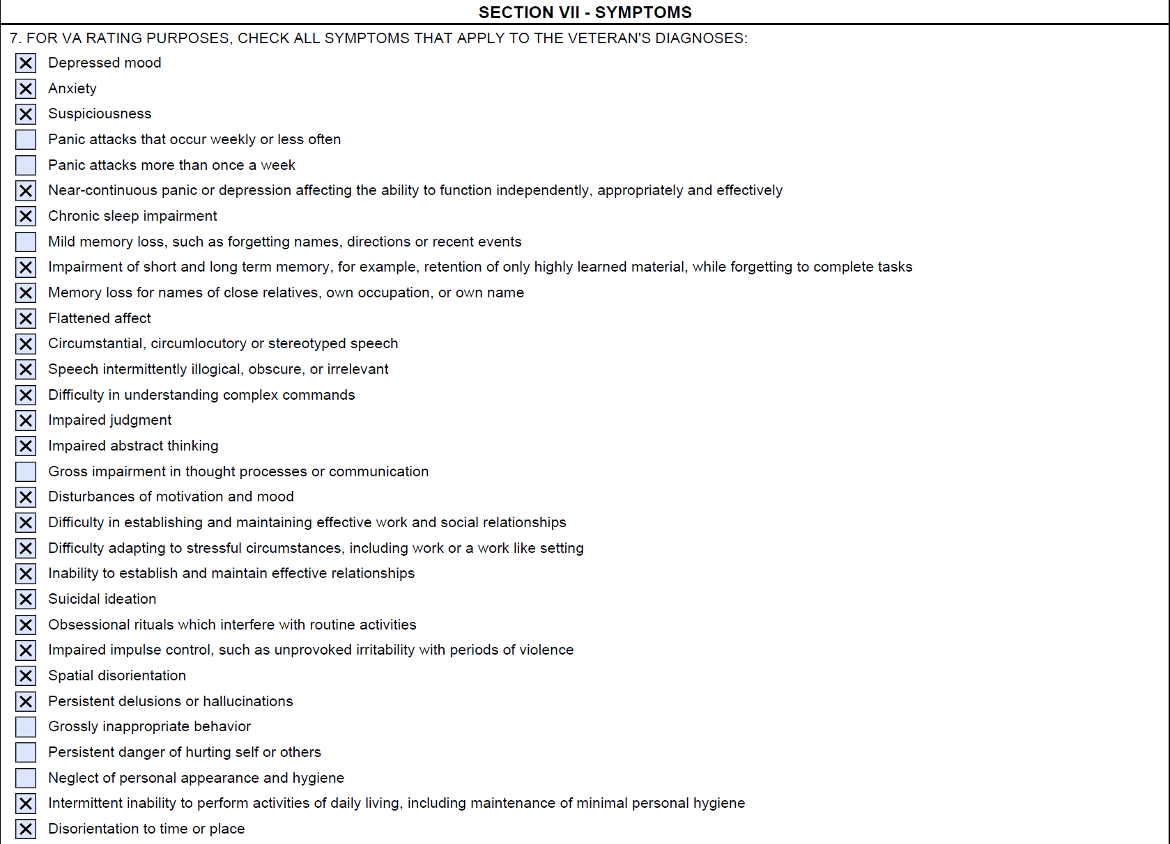 PTSD Review DBQ - PTSD Symptoms Section