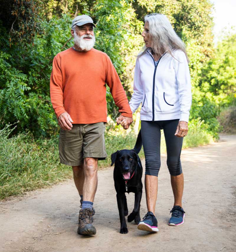 A man and woman walk their dog