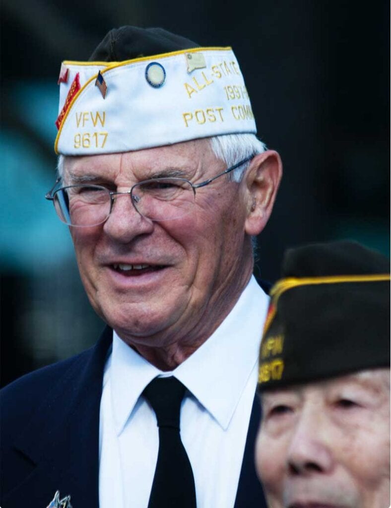 Families, what do you say to a Veteran on Veterans Day? Veteran pictured up close