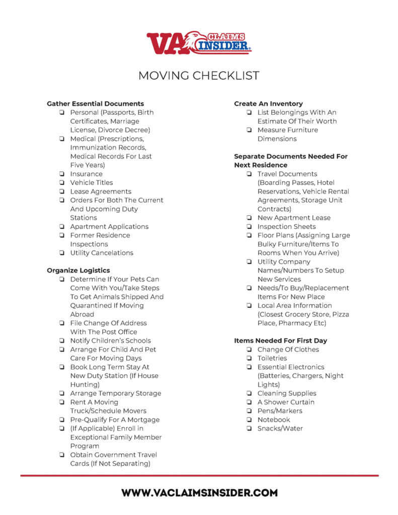 Military Family Moving Checklist - Print / Download.  All Rights Reserved, VA Claims Insider.