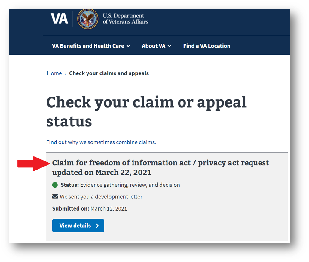  din VA C - Filförfrågan och Aktuell Status visas i VA.gov