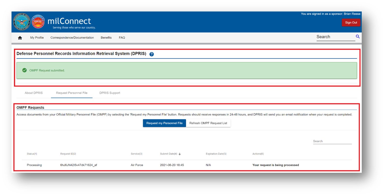 Online DD 214 request processing