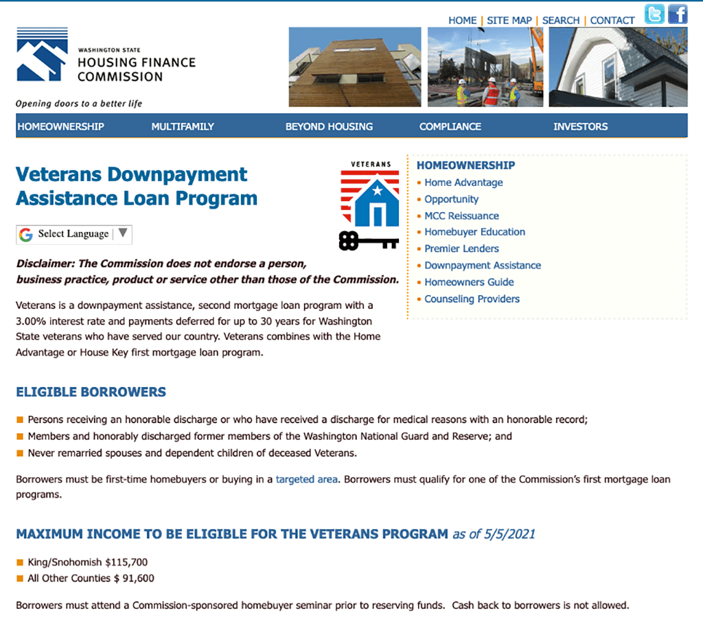 Washington state Housing Finance Commissions Veterans Down Payment Assistance Loan Program