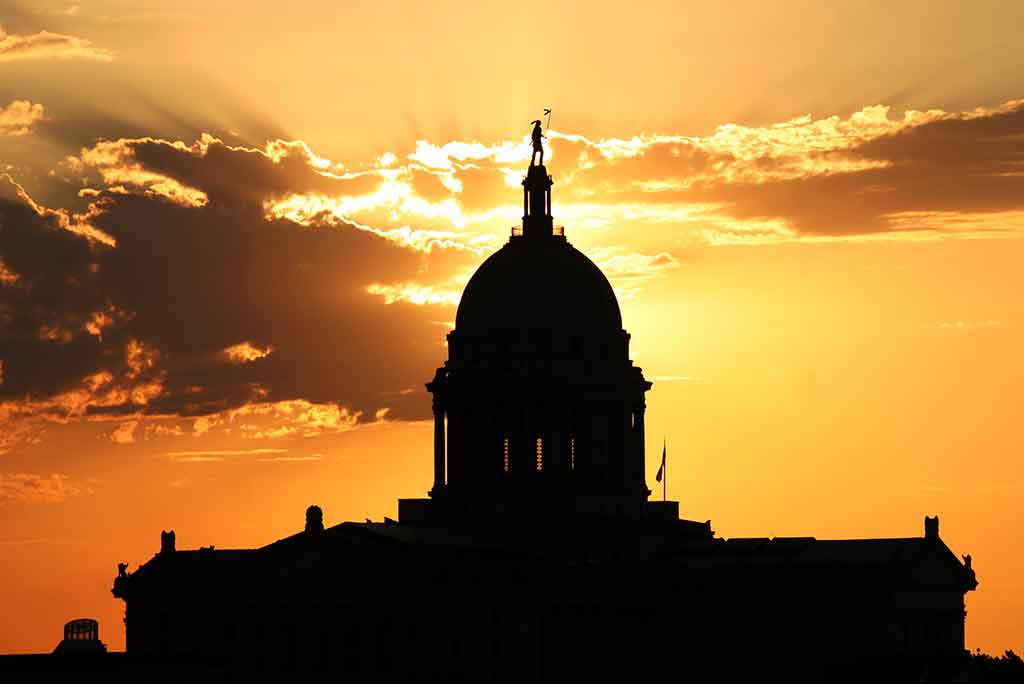 Oklahoma capitol building silhouette at sunset.