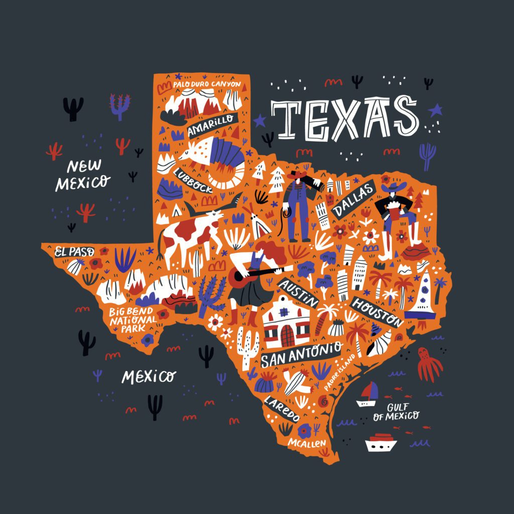 Fun orange cartoon map of Texas.