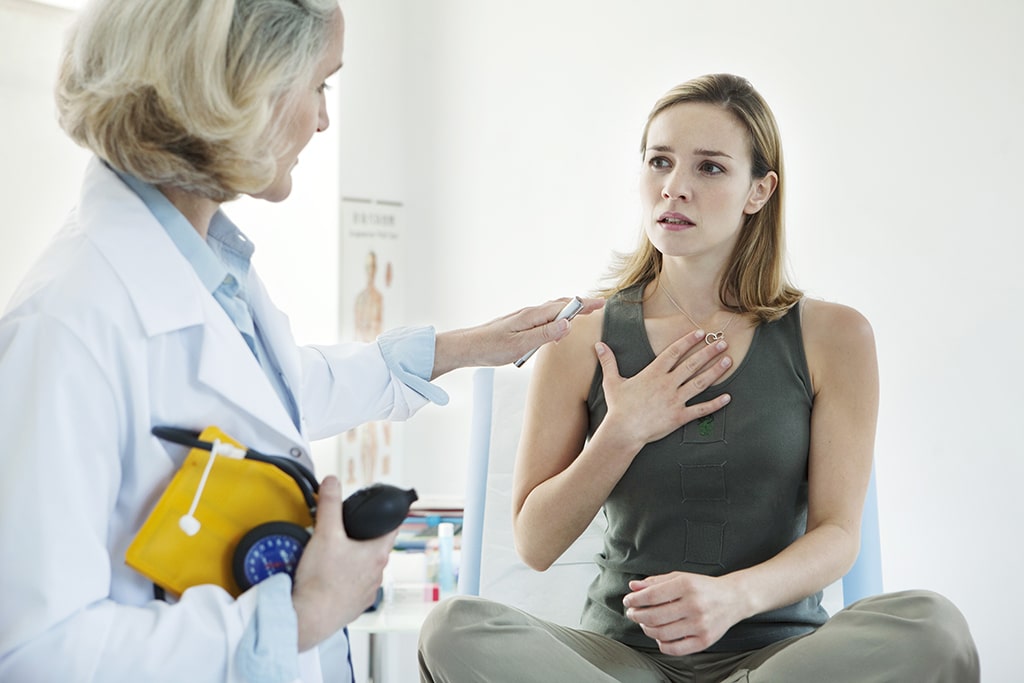 Woman holding her chest talking to female doctor.