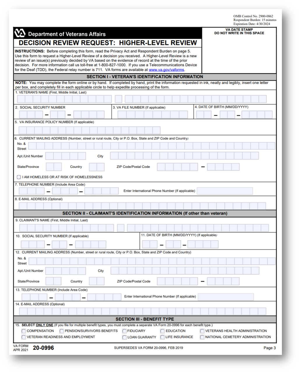 VA Higher Level Review VA Form 20 0996