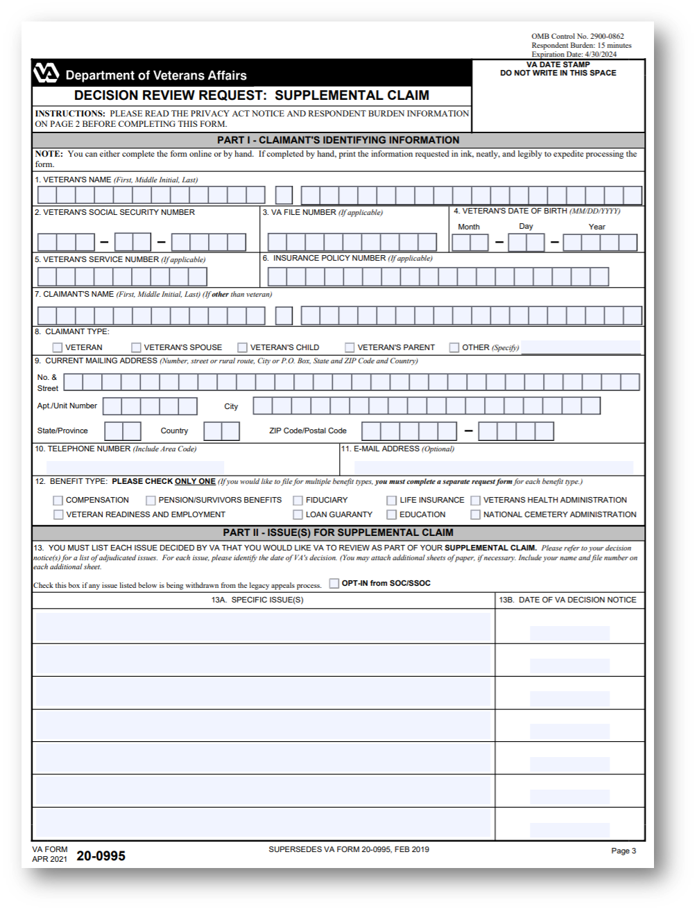 VA Supplemental Claim VA Form 20 0995