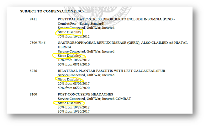 VA Code Sheet with Static Disability Example