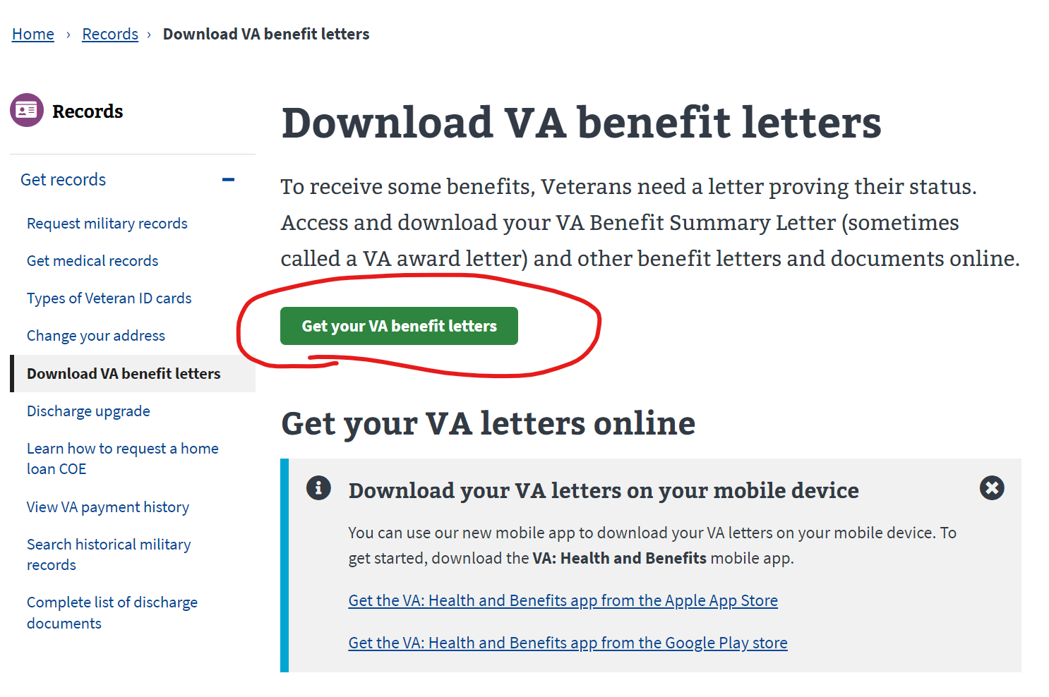 Click Get Your VA Benefit Letters