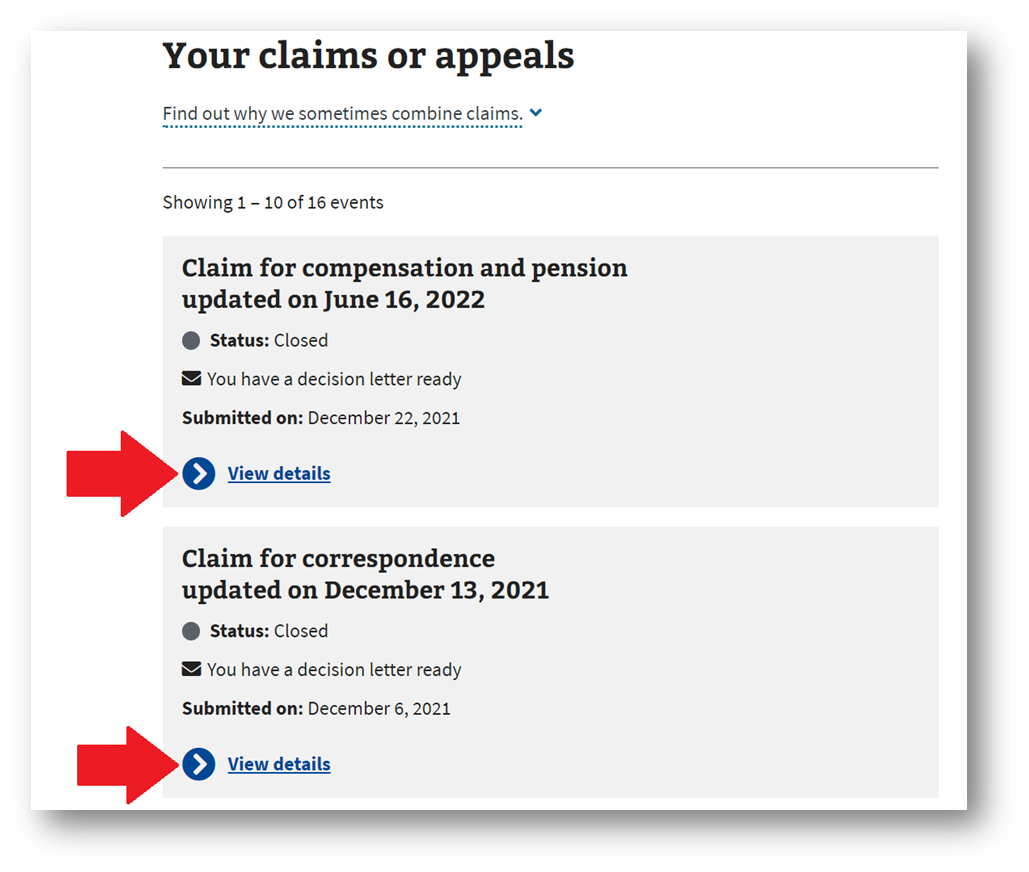 Scroll down to claims or appeals and click view details