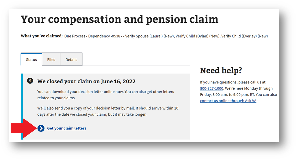 Your compensation and pension claim click get your claim letters