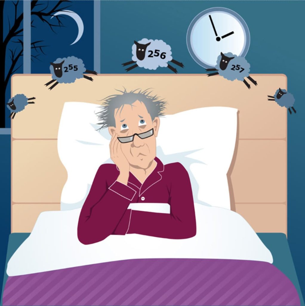 cartoon of veteran man with insomnia counting sheep