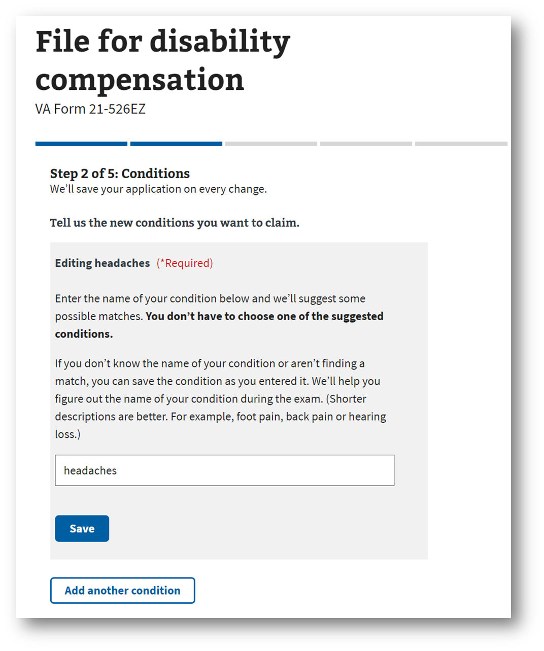 Step #9. Add New VA Disability Conditions (You Can Add Multiple Conditions)