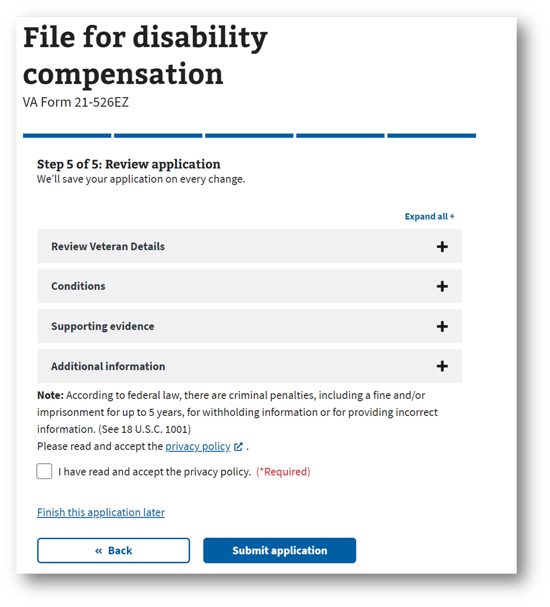 Step #15. Review Your Application and Submit Your VA Disability Increase Claim Online