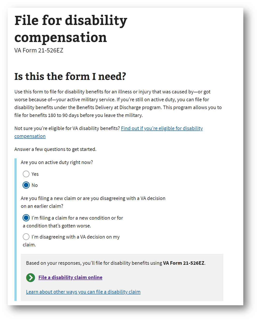 Step #3. Begin the VA Form 21-526EZ Online for VA Disability Increase. 