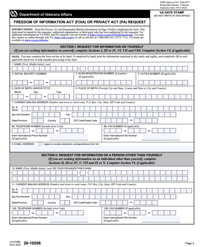 VA FORM 20 10206 VA FOIA Request Form 1