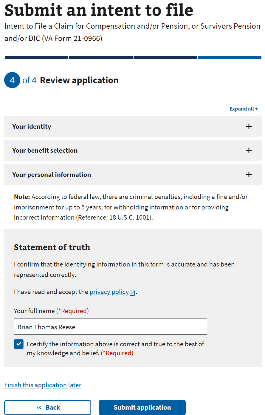 Intent to File VA Review and Submit Online Step 4