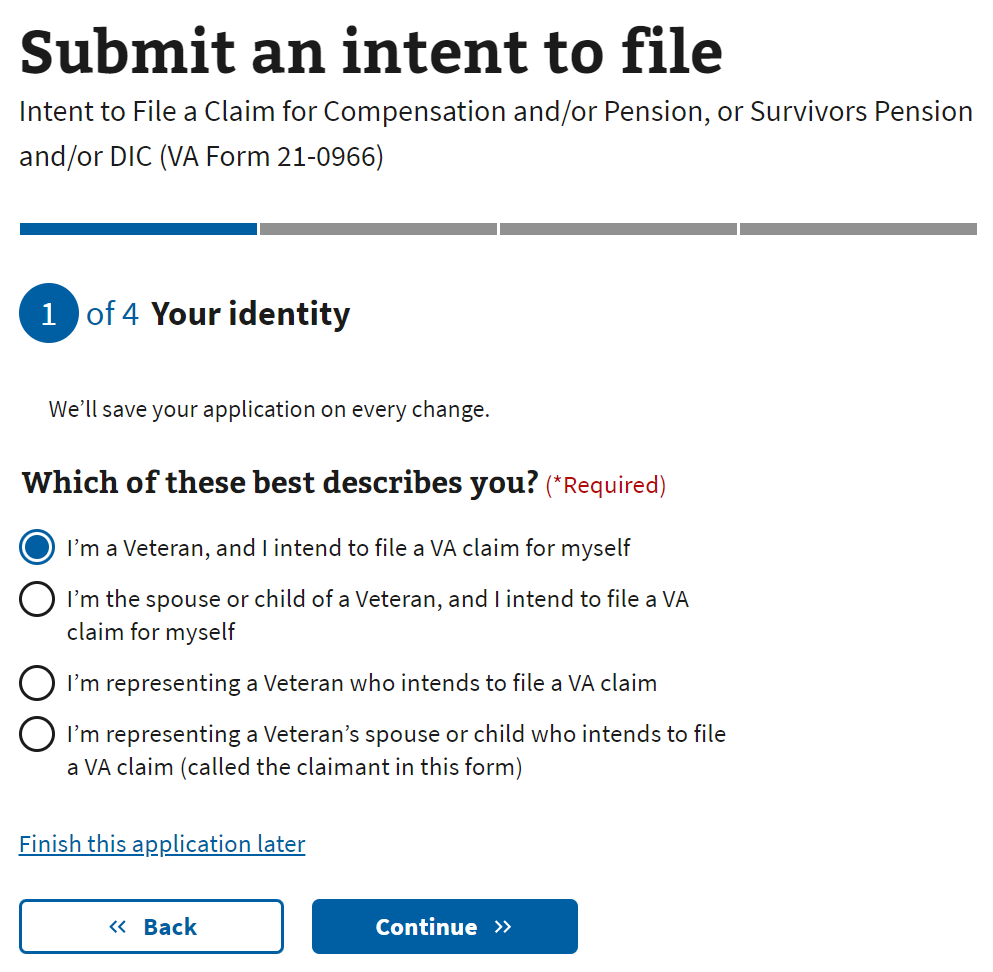 VA Intent to File Online Step 1