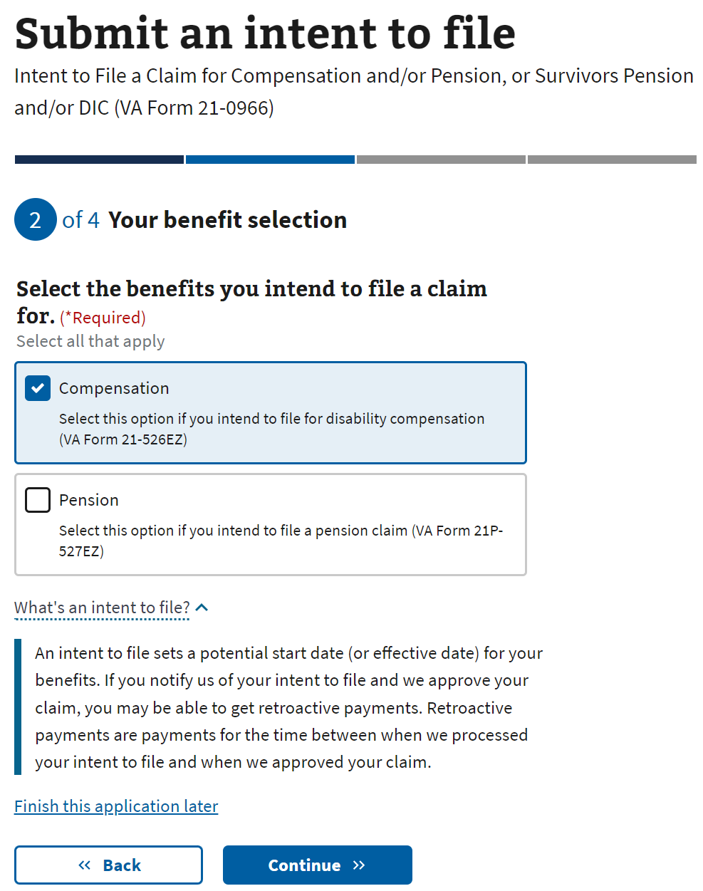 VA Intent to File Online Step 2