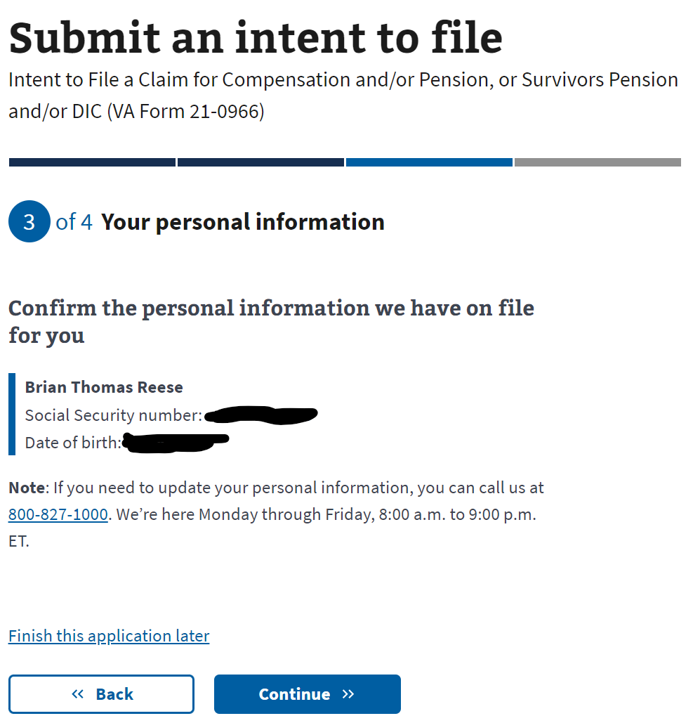 VA Intent to File Verify Personal Information Step 3