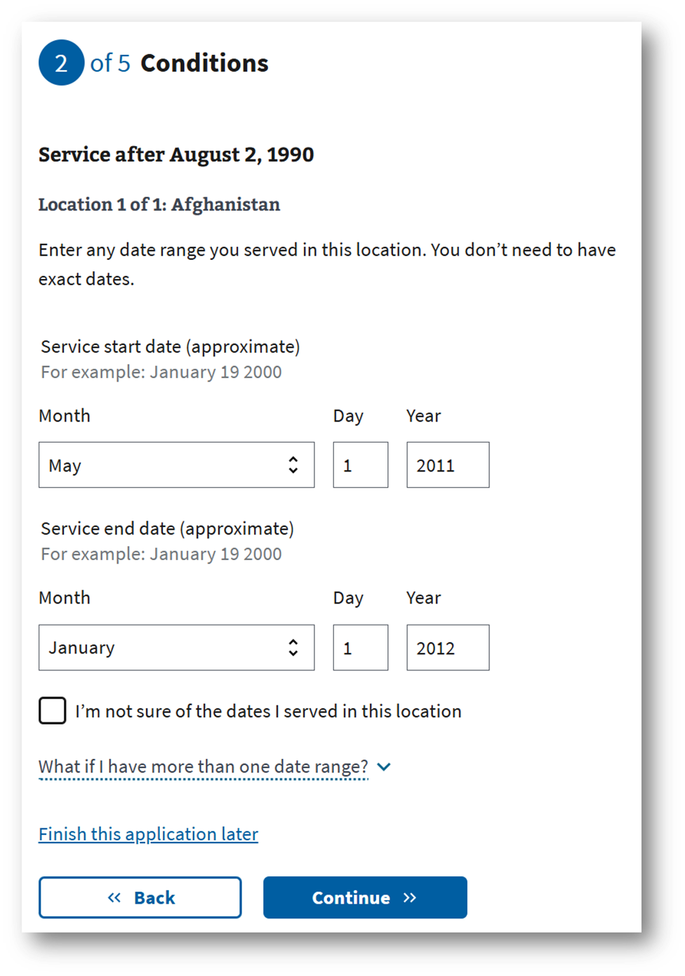 Select the dates of when you served in the deployed location