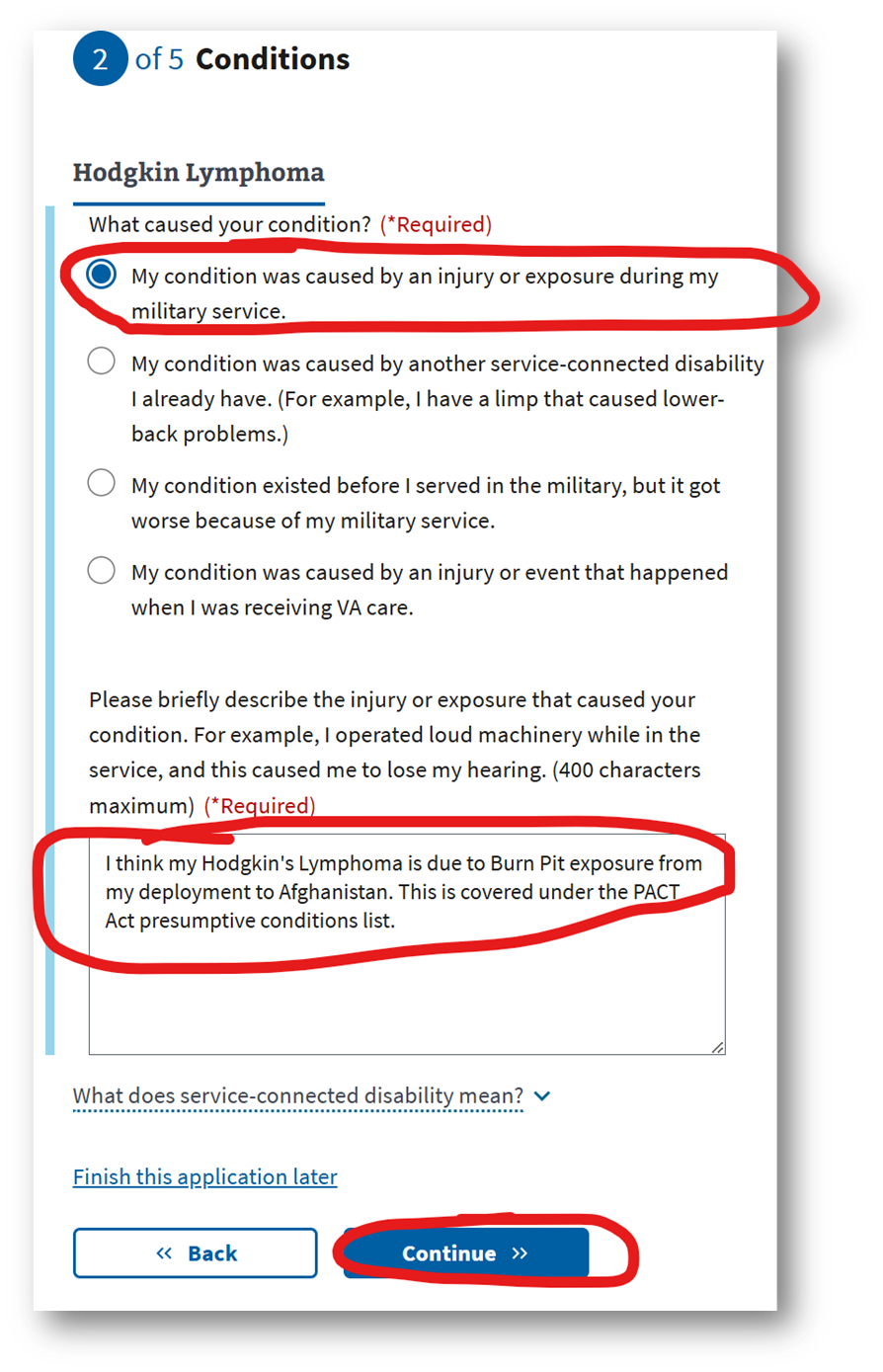 Select the first option for presumptive service connection for your PACT Act related condition